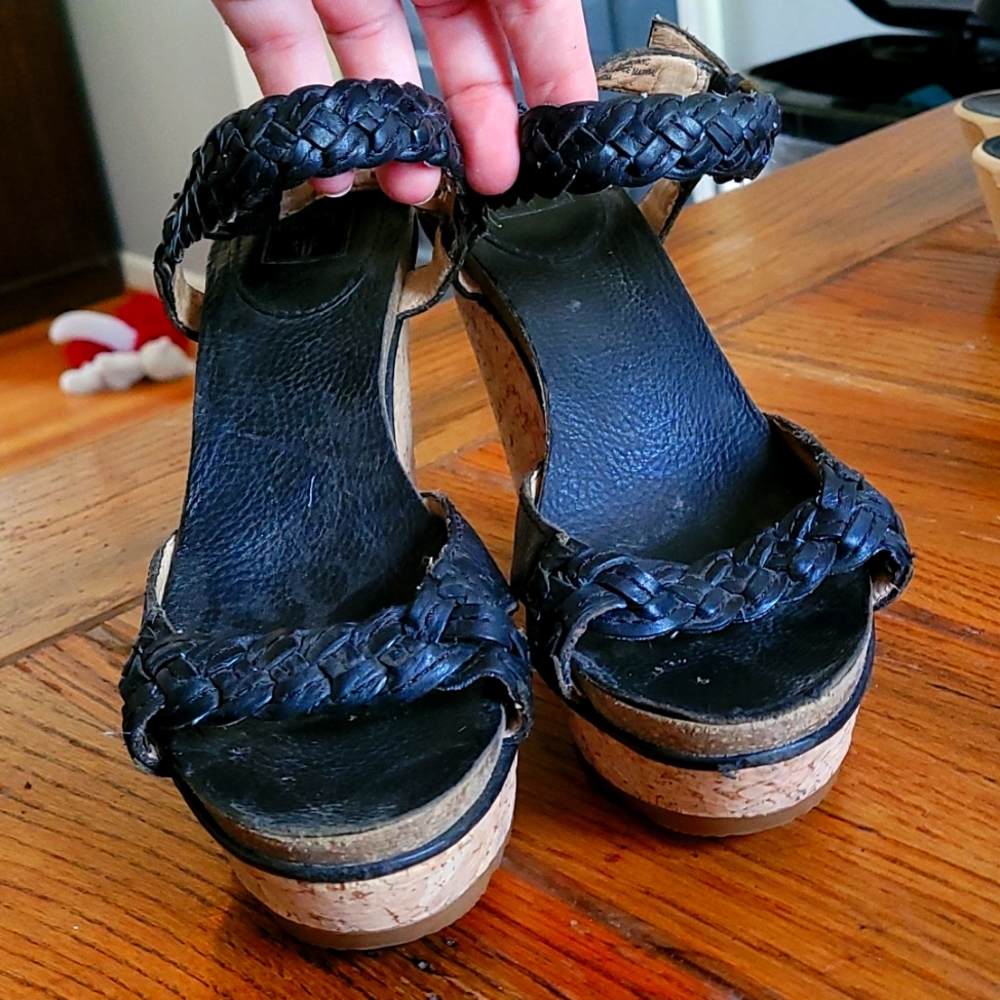 Frye black leather braided wedge 4 3/4 heal size 8.5
